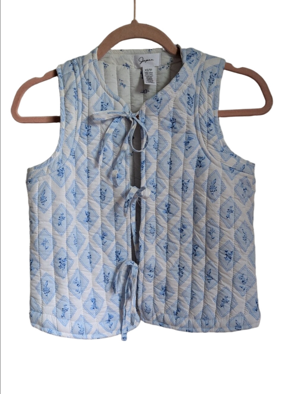 JAPNA Blue White Floral Cottagecore CottonQuilted Tie-Front Vest Extra-Small